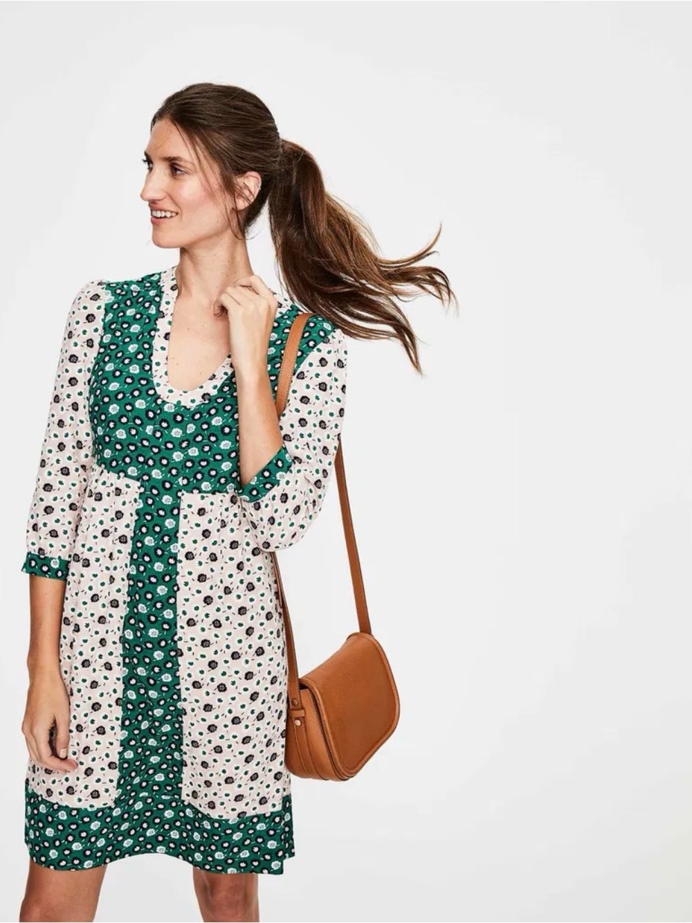 Biden Mollie Floral Panel Cottagecore Green & Cream Long-Sleeve Dress